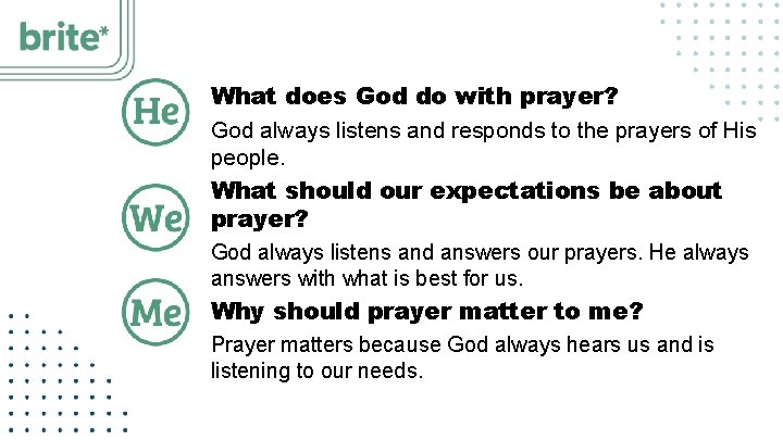 What does God do with prayer? God always listens and responds to the prayers