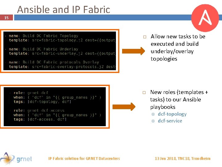 15 Ansible and IP Fabric Allow new tasks to be executed and build underlay/overlay