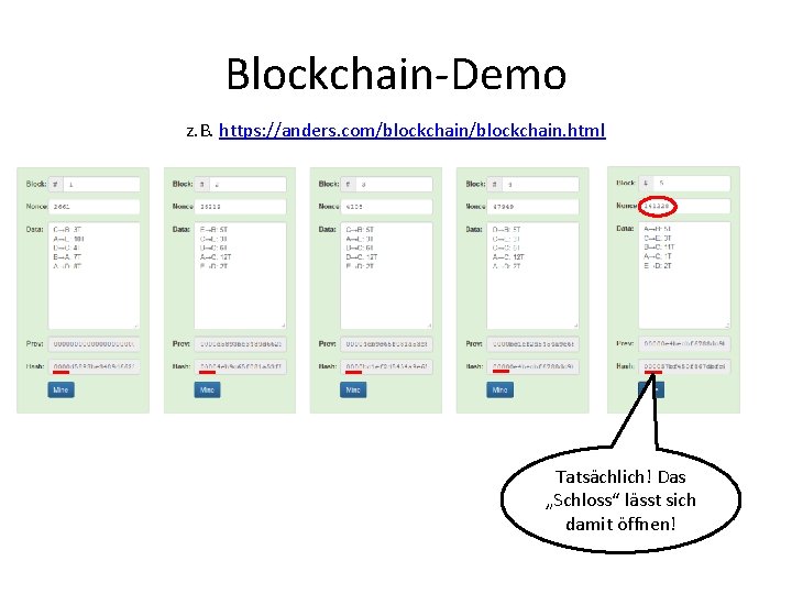 Blockchain-Demo z. B. https: //anders. com/blockchain. html Tatsächlich! Das „Schloss“ lässt sich damit öffnen!