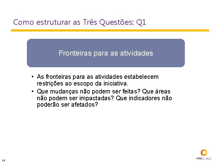 Como estruturar as Três Questões: Q 1 Fronteiras para as atividades • As fronteiras