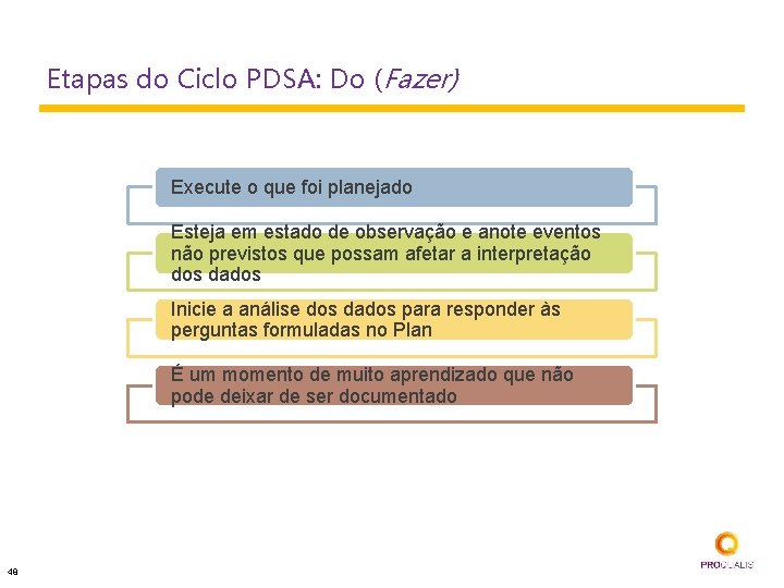 Etapas do Ciclo PDSA: Do (Fazer) Execute o que foi planejado Esteja em estado