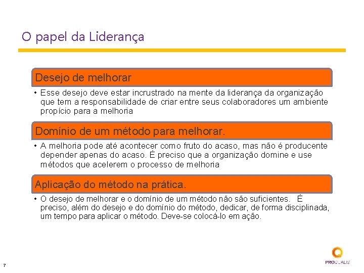 O papel da Liderança Desejo de melhorar • Esse desejo deve estar incrustrado na