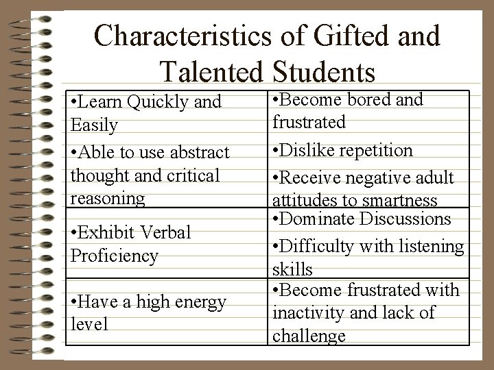 Characteristics of Gifted and Talented Students • Learn Quickly and Easily • Able to