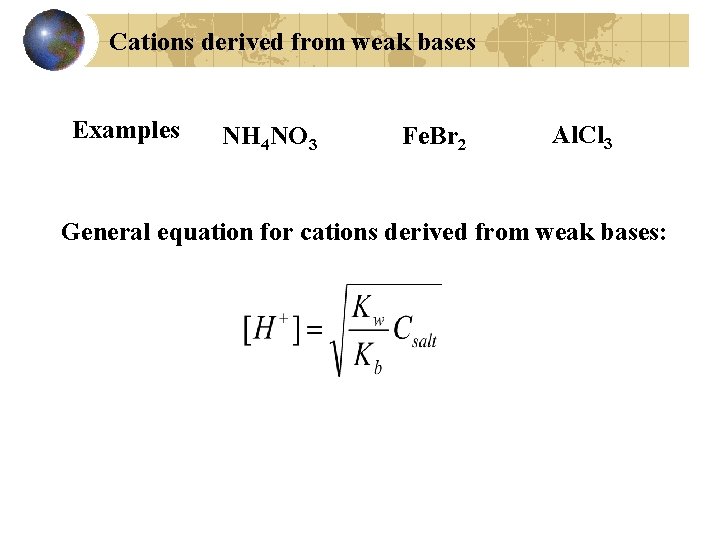 Cations derived from weak bases Examples NH 4 NO 3 Fe. Br 2 Al.
