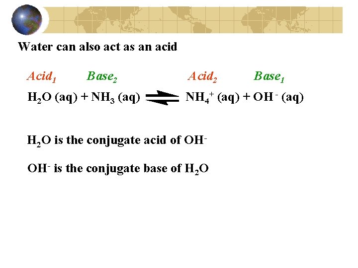 Water can also act as an acid Acid 1 Base 2 H 2 O