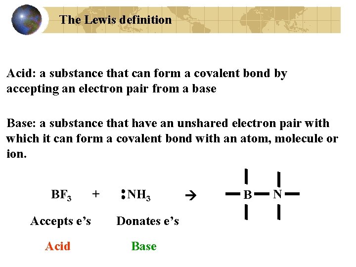 The Lewis definition Acid: a substance that can form a covalent bond by accepting