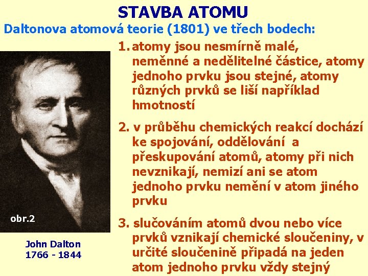 STAVBA ATOMU Daltonova atomová teorie (1801) ve třech bodech: 1. atomy jsou nesmírně malé,