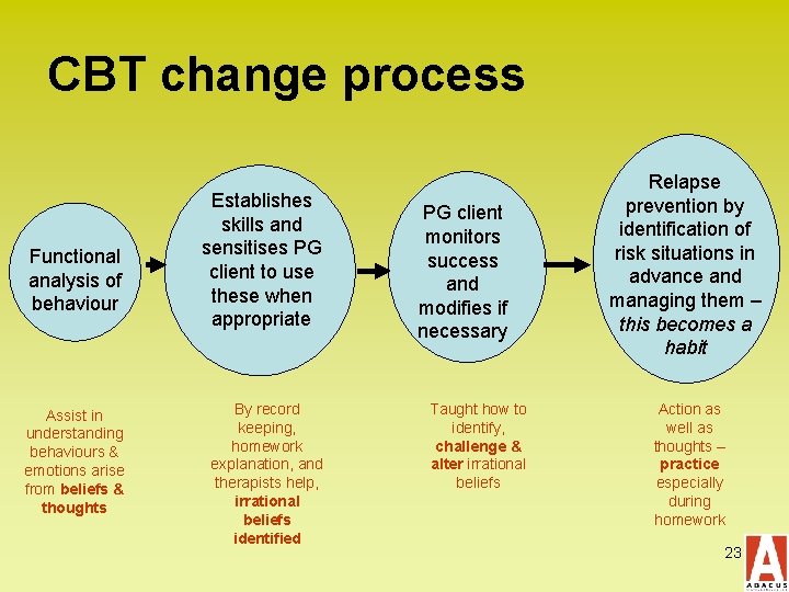 CBT change process Functional analysis of behaviour Assist in understanding behaviours & emotions arise