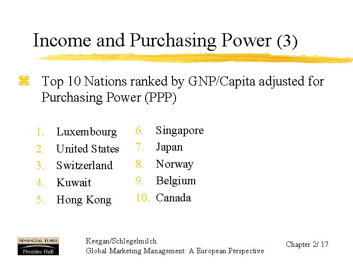 Income and Purchasing Power (3) z Top 10 Nations ranked by GNP/Capita adjusted for