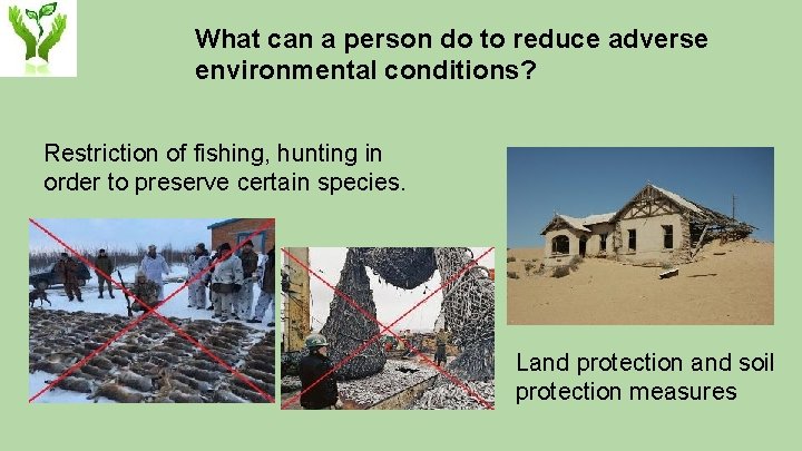 What can a person do to reduce adverse environmental conditions? Restriction of fishing, hunting