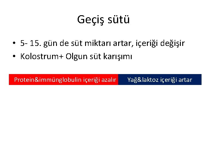 Geçiş sütü • 5 - 15. gün de süt miktarı artar, içeriği değişir •