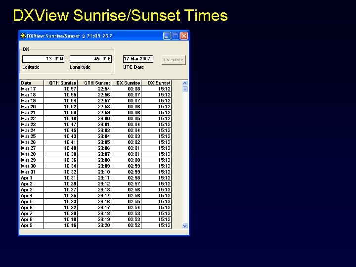 DXView Sunrise/Sunset Times 