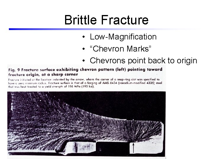 Brittle Fracture • Low-Magnification • “Chevron Marks” • Chevrons point back to origin 