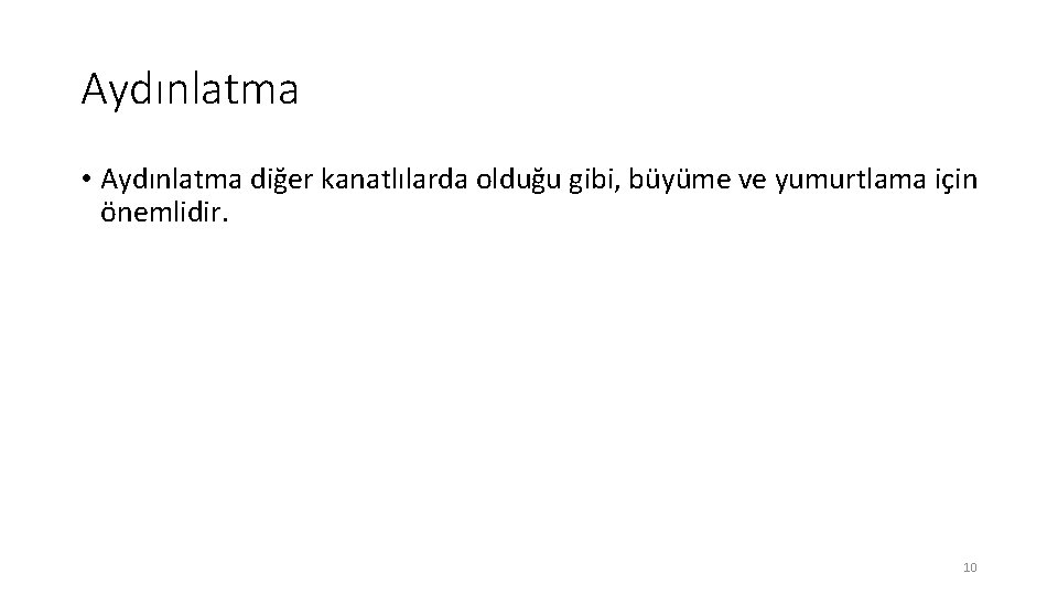 Aydınlatma • Aydınlatma diğer kanatlılarda olduğu gibi, büyüme ve yumurtlama için önemlidir. 10 