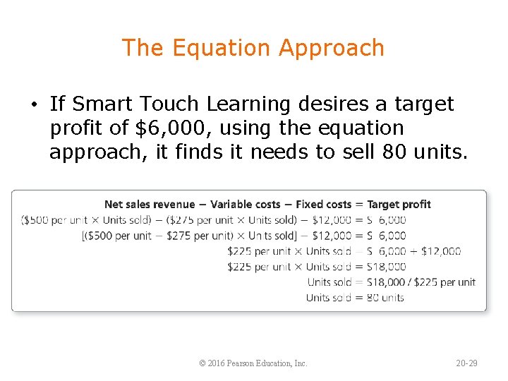 The Equation Approach • If Smart Touch Learning desires a target profit of $6,