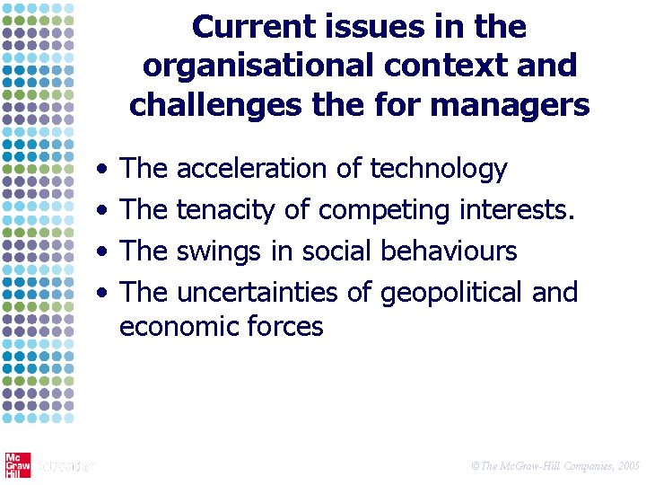 Current issues in the organisational context and challenges the for managers • • The