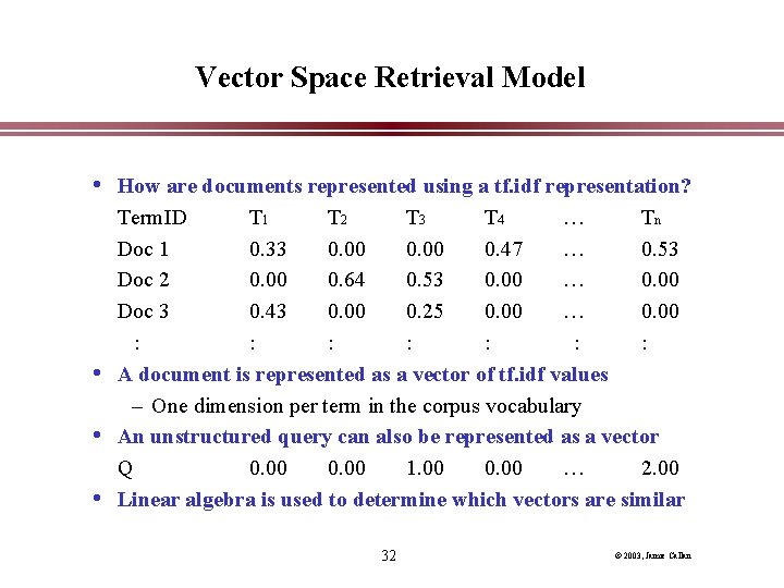Vector Space Retrieval Model • How are documents represented using a tf. idf representation?