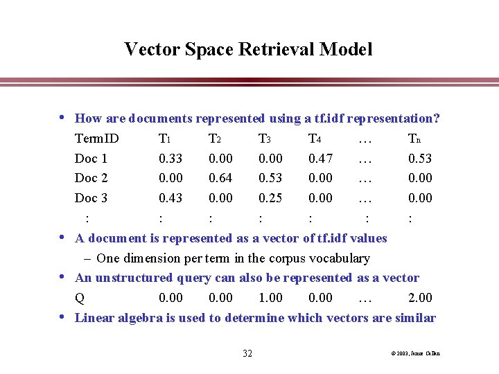 Vector Space Retrieval Model • How are documents represented using a tf. idf representation? Vector Space Retrieval Model • How are documents represented using a tf. idf representation?