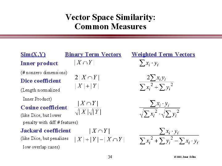 Vector Space Similarity: Common Measures Sim(X, Y) Inner product Binary Term Vectors Weighted Term