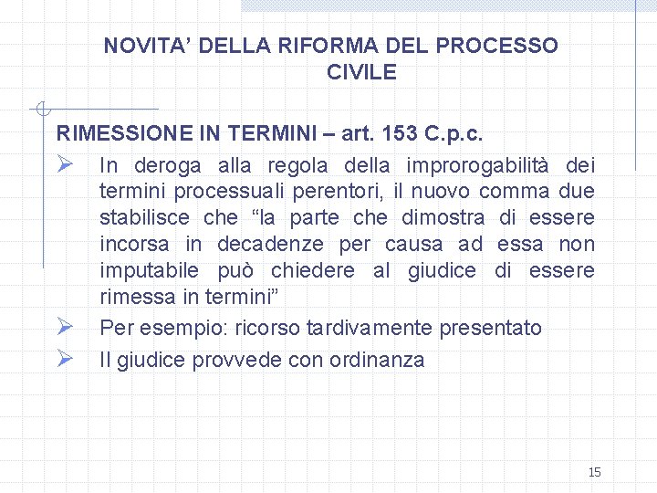 NOVITA’ DELLA RIFORMA DEL PROCESSO CIVILE RIMESSIONE IN TERMINI – art. 153 C. p.