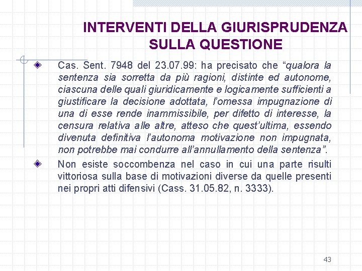 INTERVENTI DELLA GIURISPRUDENZA SULLA QUESTIONE Cas. Sent. 7948 del 23. 07. 99: ha precisato