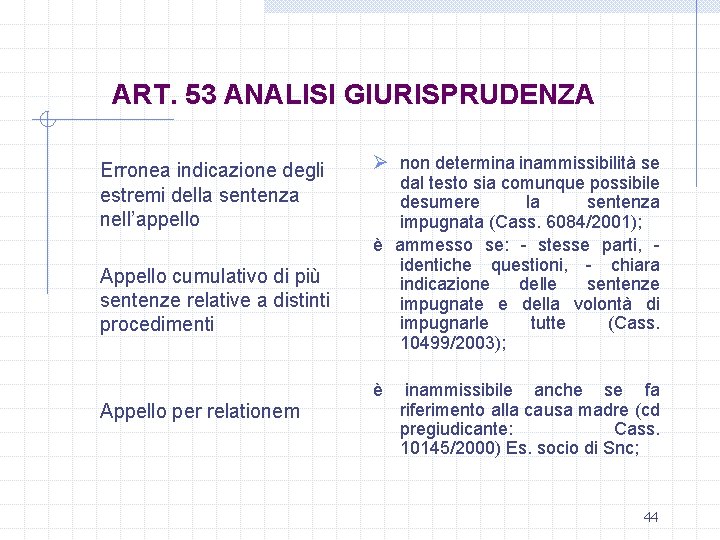 ART. 53 ANALISI GIURISPRUDENZA Erronea indicazione degli estremi della sentenza nell’appello Appello cumulativo di