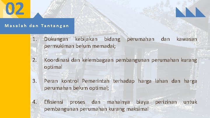 02 Masalah dan Tantangan 1. Dukungan kebijakan bidang permukiman belum memadai; 2. Koordinasi dan