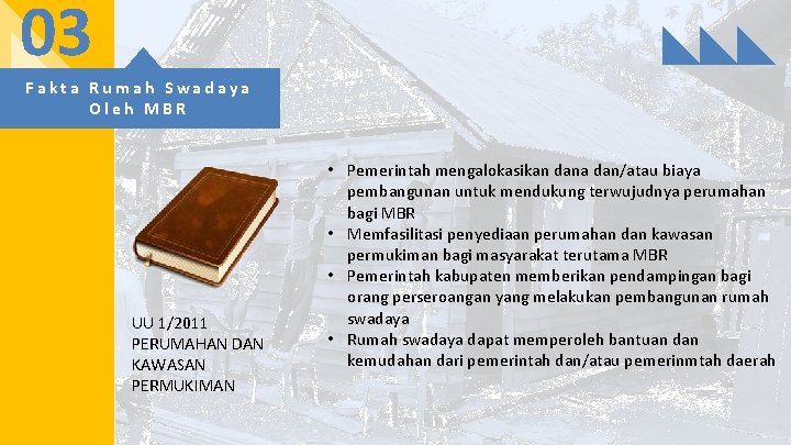 03 Fakta Rumah Swadaya Oleh MBR UU 1/2011 PERUMAHAN DAN KAWASAN PERMUKIMAN • Pemerintah