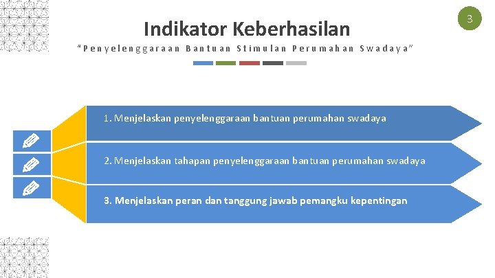 Indikator Keberhasilan “Penyelenggaraan Bantuan Stimulan Perumahan Swadaya” 1. Menjelaskan penyelenggaraan bantuan perumahan swadaya 2.