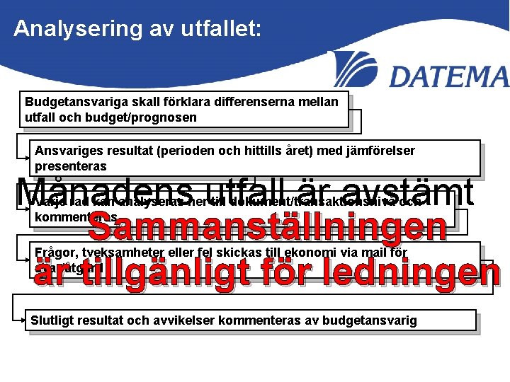 Analysering av utfallet: Budgetansvariga skall förklara differenserna mellan utfall och budget/prognosen Ansvariges resultat (perioden