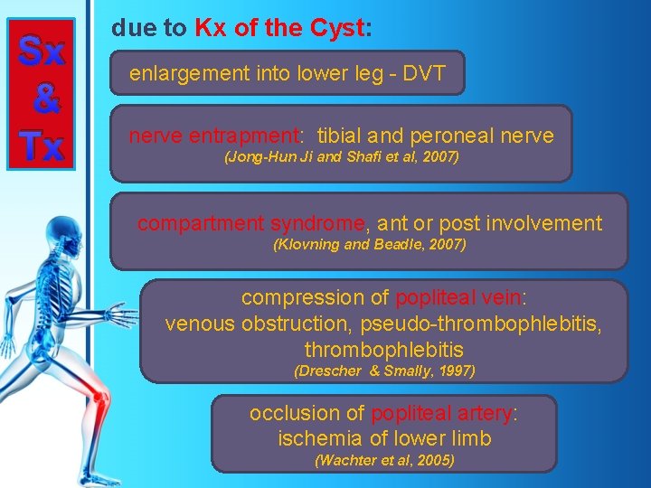 Sx & Tx due to Kx of the Cyst: enlargement into lower leg -