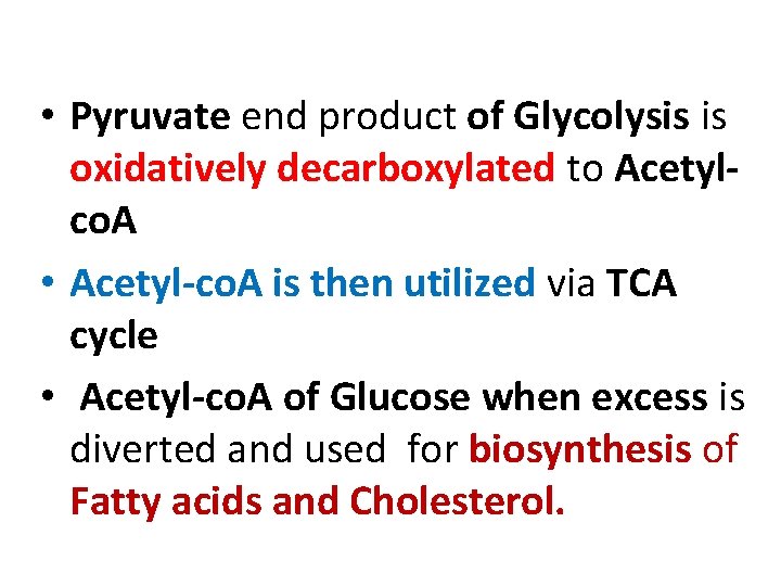  • Pyruvate end product of Glycolysis is oxidatively decarboxylated to Acetylco. A •