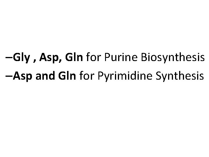 –Gly , Asp, Gln for Purine Biosynthesis –Asp and Gln for Pyrimidine Synthesis 