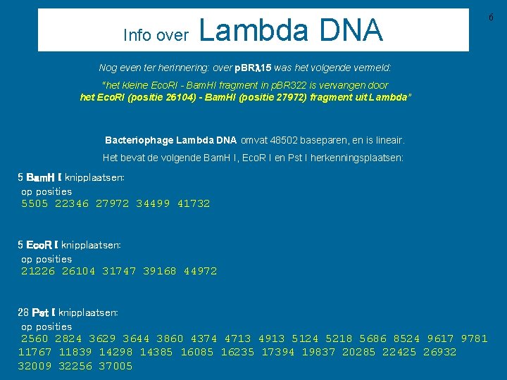 Info over Lambda DNA Nog even ter herinnering: over p. BRl 15 was het