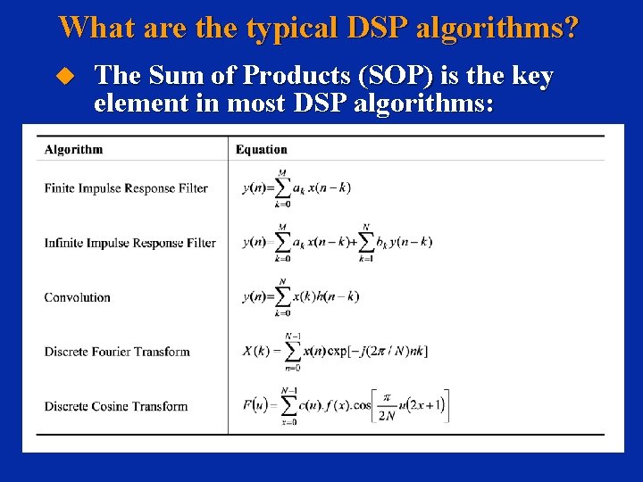 What are the typical DSP algorithms? u The Sum of Products (SOP) is the