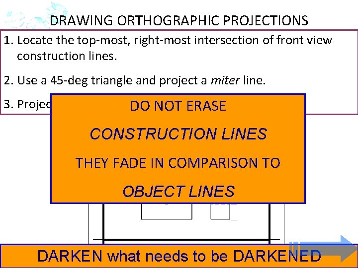 DRAWING ORTHOGRAPHIC PROJECTIONS 1. Locate the top-most, right-most intersection of front view construction lines.