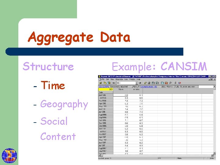 Aggregate Data Structure – Time – Geography – Social Content Example: CANSIM 