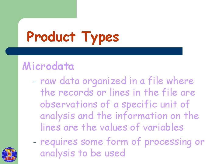 Product Types Microdata – – raw data organized in a file where the records