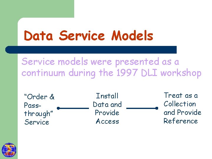 Data Service Models Service models were presented as a continuum during the 1997 DLI