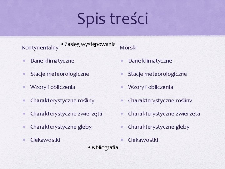 Spis treści Kontynentalny • Zasięg występowania Morski • Dane klimatyczne • Stacje meteorologiczne •