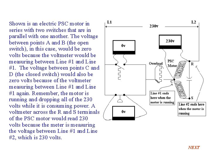 Shown is an electric PSC motor in series with two switches that are in