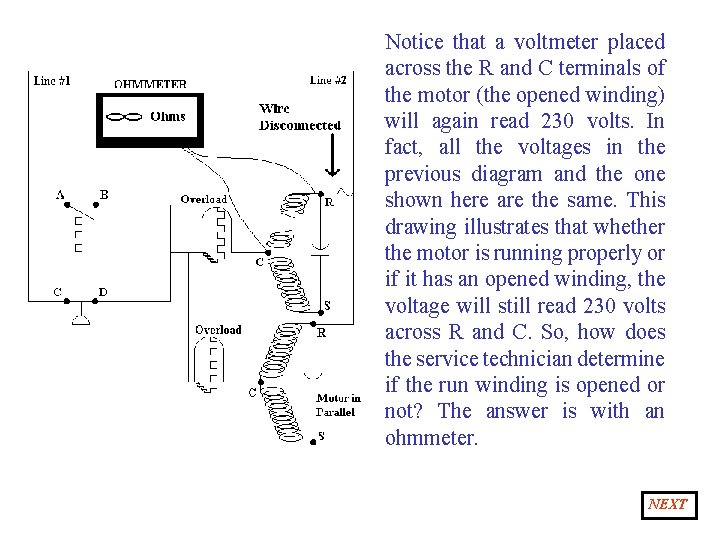 Notice that a voltmeter placed across the R and C terminals of the motor