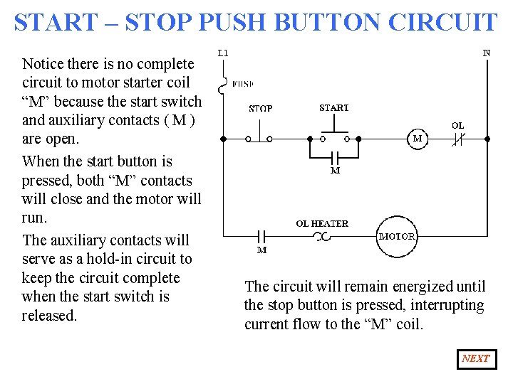 START – STOP PUSH BUTTON CIRCUIT Notice there is no complete circuit to motor