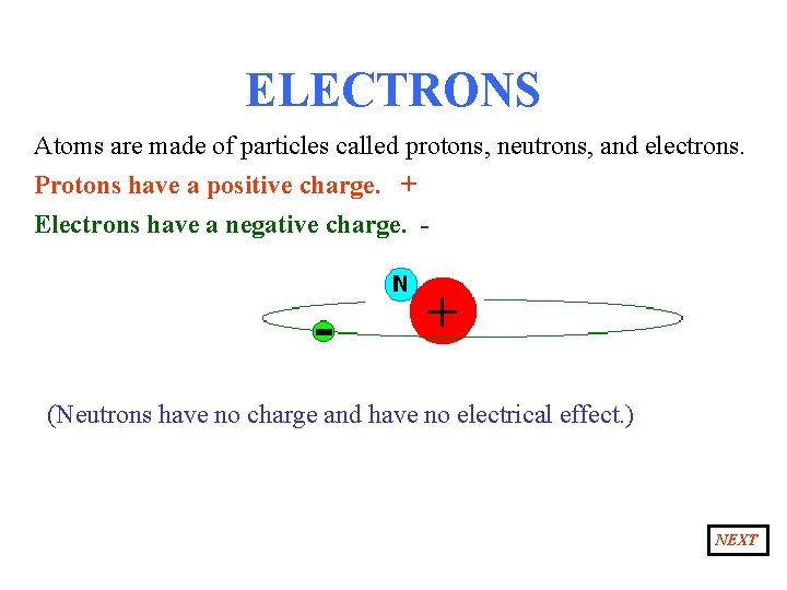 ELECTRONS Atoms are made of particles called protons, neutrons, and electrons. Protons have a