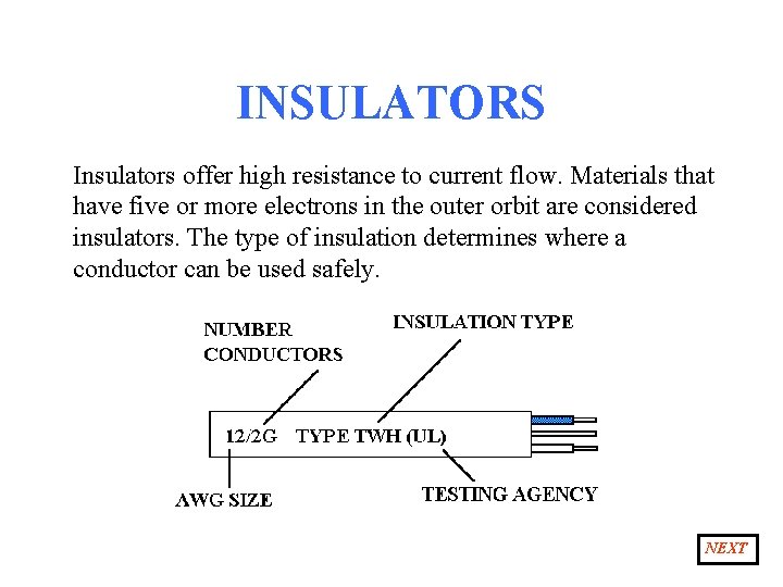 INSULATORS Insulators offer high resistance to current flow. Materials that have five or more