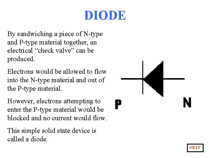 DIODE By sandwiching a piece of N-type and P-type material together, an electrical “check