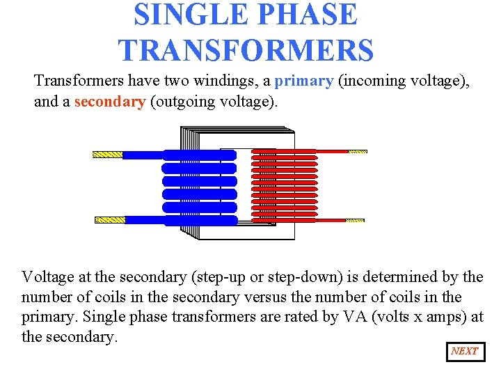 SINGLE PHASE TRANSFORMERS Transformers have two windings, a primary (incoming voltage), and a secondary