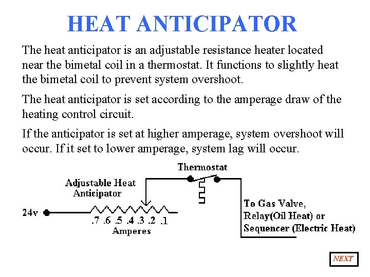 HEAT ANTICIPATOR The heat anticipator is an adjustable resistance heater located near the bimetal