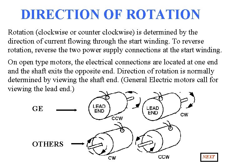 DIRECTION OF ROTATION Rotation (clockwise or counter clockwise) is determined by the direction of