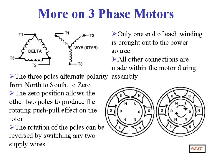 More on 3 Phase Motors ØOnly one end of each winding is brought out